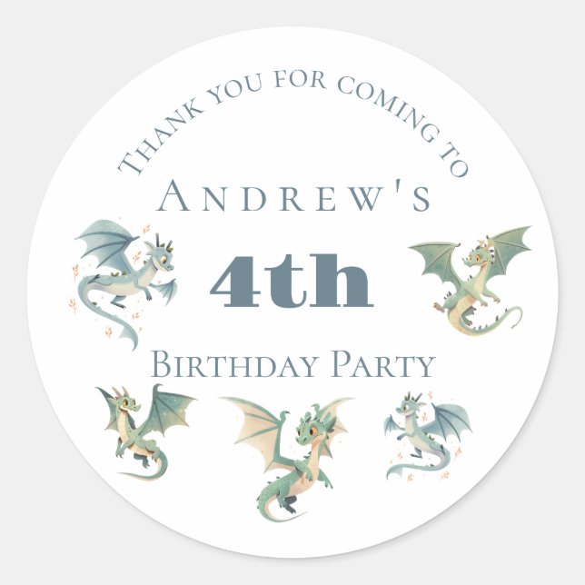 Dragon Boys 3rd 4th 5th Birthday Party Invitation Classic Round Sticker (Front)