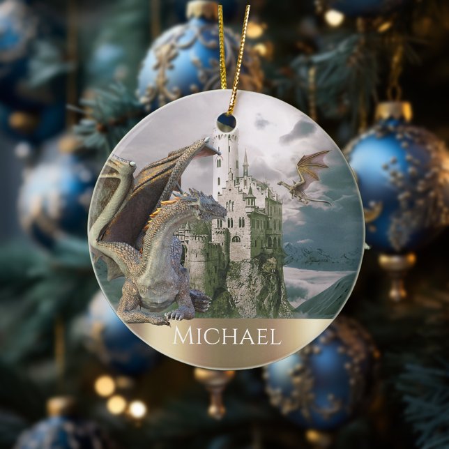 Dragon Bronze Castle Fantasy Personalized Ceramic Ornament (Creator Uploaded)