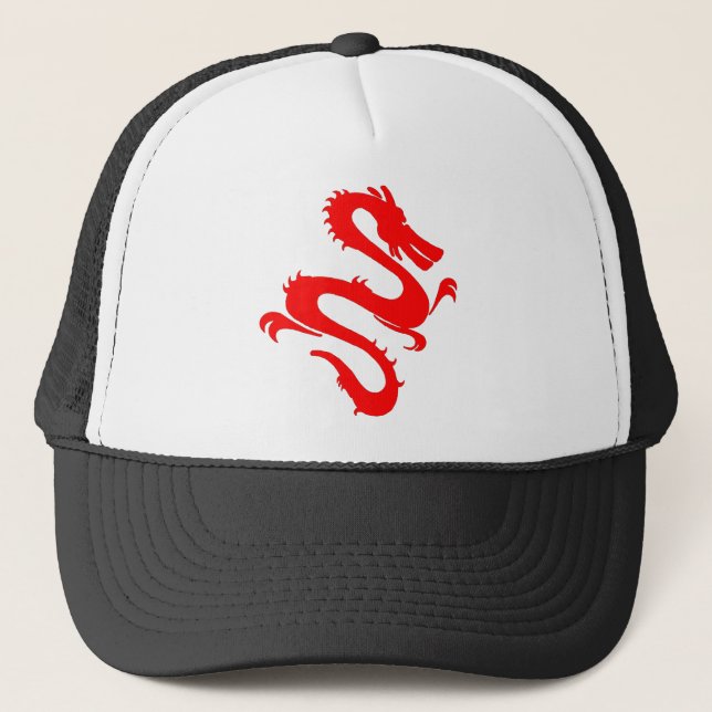 Dragon Calligraphy Red Asian Brush Stroke Friendly Trucker Hat (Front)