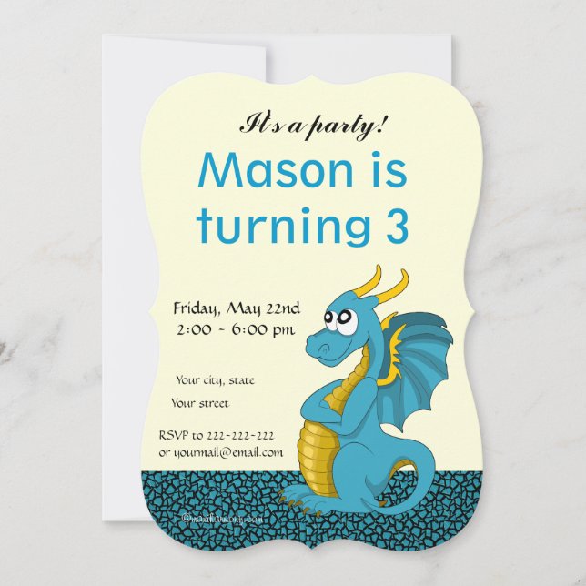 Dragon cartoon birthday print invitations (Front)