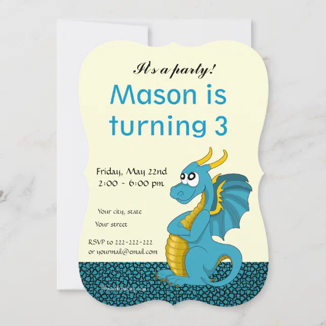 Dragon cartoon birthday print invitations | Zazzle