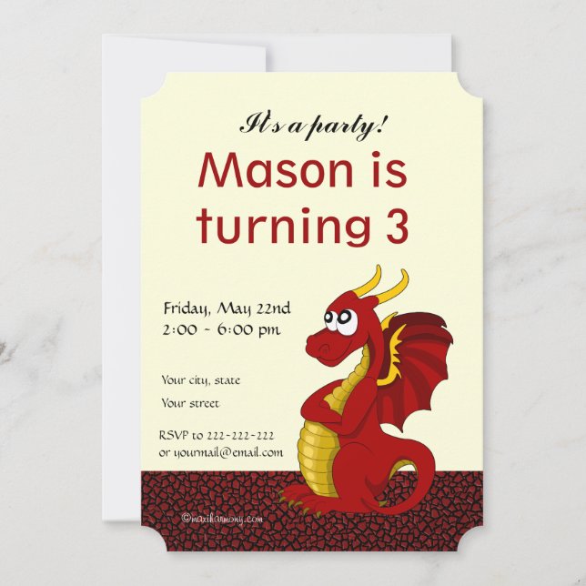 Dragon cartoon birthday print invitations (Front)