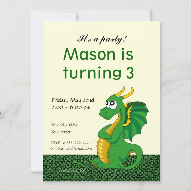 Dragon cartoon birthday print invitations (Front)