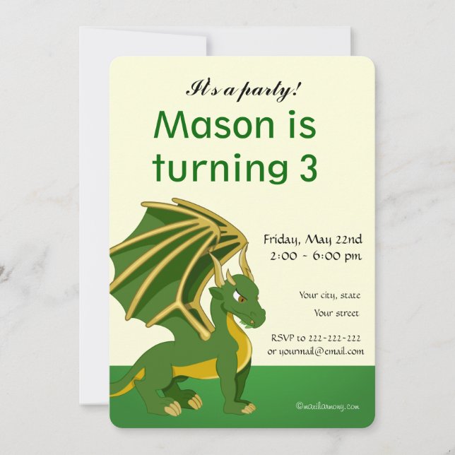 Dragon cartoon birthday print invitations (Front)