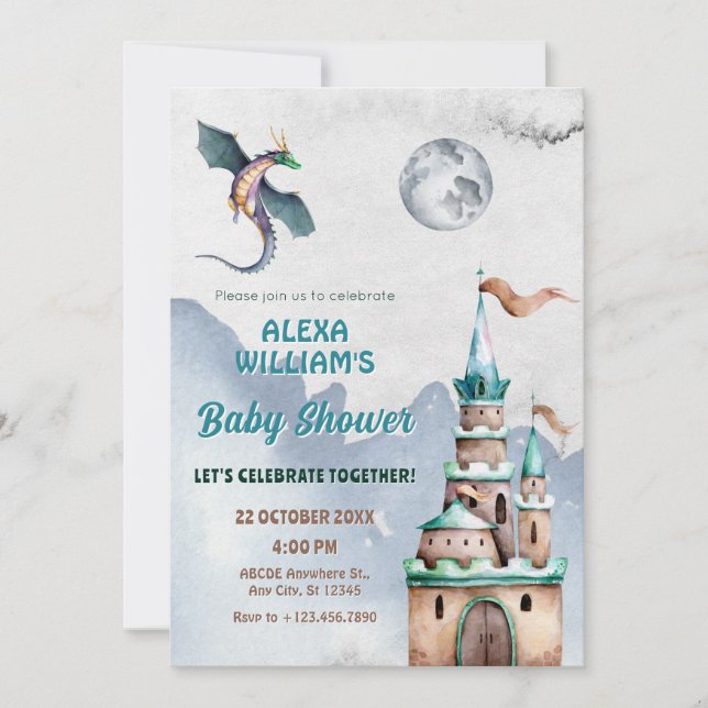 Dragon castle watercolor baby shower invitation (Front)