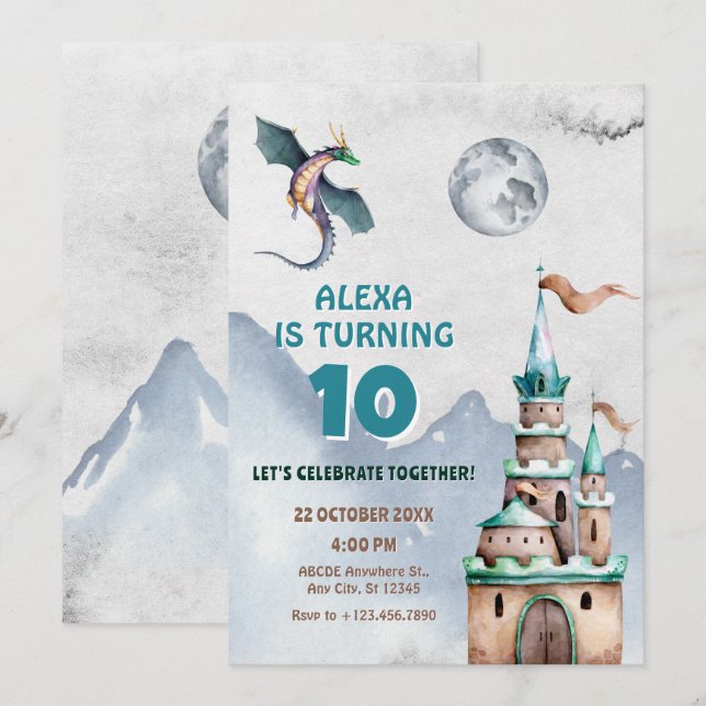 Dragon castle watercolor birthday invitation (Front/Back)