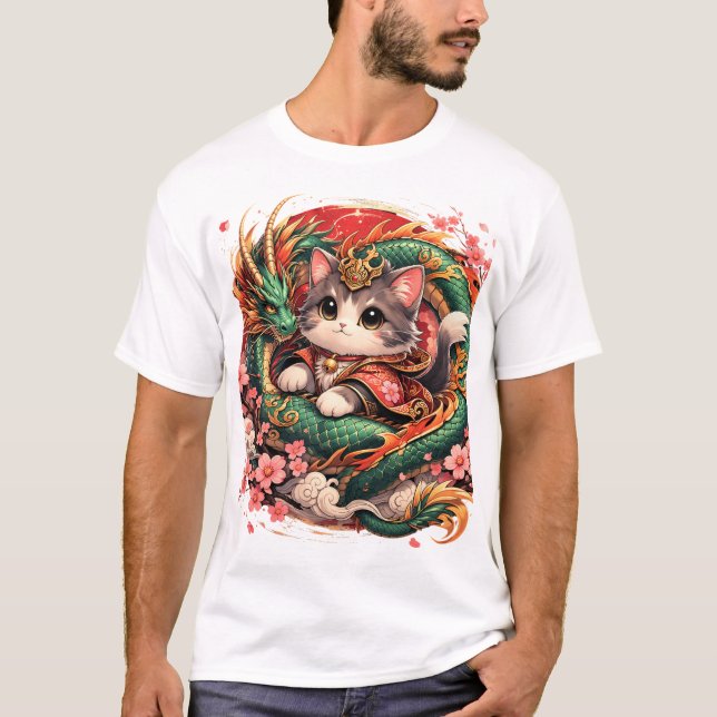 Dragon Cat Fantasy Asian Mythical Design T-Shirt (Front)