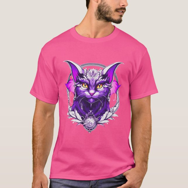 Dragon Cat Wizard – Black, White, & Purple Fantasy T-Shirt (Front)