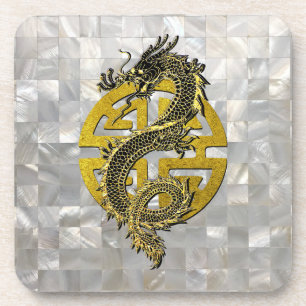 Dragon Chinese Symbol Mother of Pearl Pattern Beverage Coaster