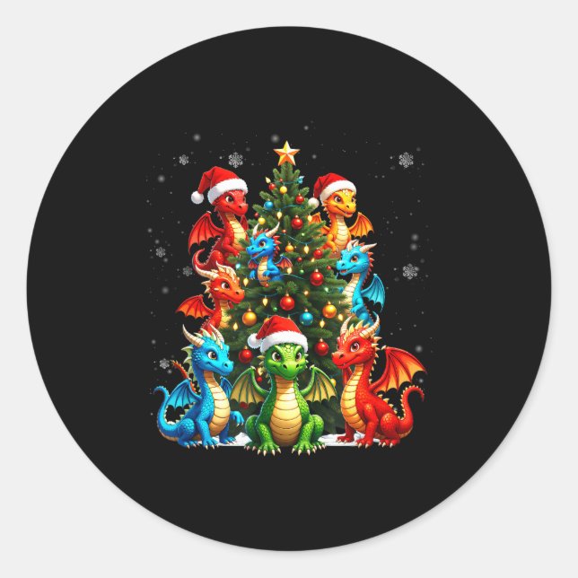 Dragon Christmas Tree Squad Santa Hat Fantasy Myth Classic Round Sticker (Front)
