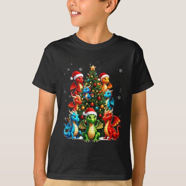 Dragon Christmas Tree Squad Santa Hat Fantasy Myth T-Shirt (Front)
