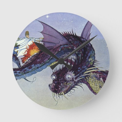 Dragon Classic Illustration Flying Medieval Round Clock