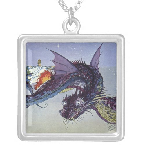 Dragon Classic Illustration Flying Medieval Silver Plated Necklace