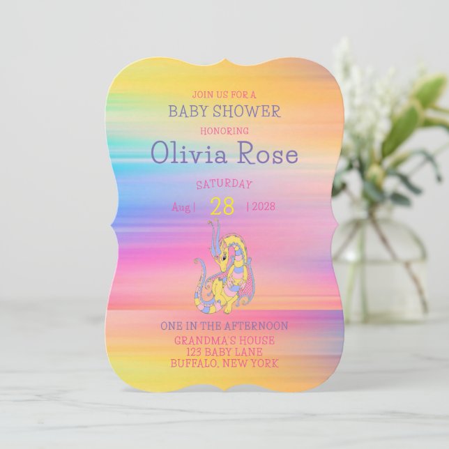 Dragon Colorful Gold Glitter Baby Shower  Invitation (Standing Front)
