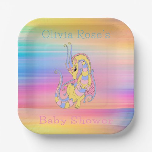 Dragon Colorful Gold Glitter Baby Shower Paper Plates