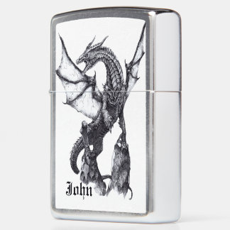 Dragon Custom Name Fantasy Black and White Drawing Zippo Lighter