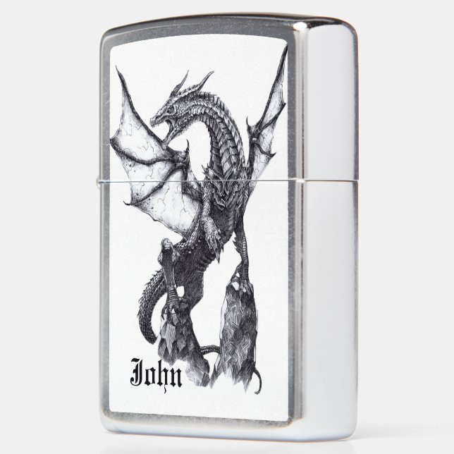 Dragon Custom Name Fantasy Black and White Drawing Zippo Lighter (Left)