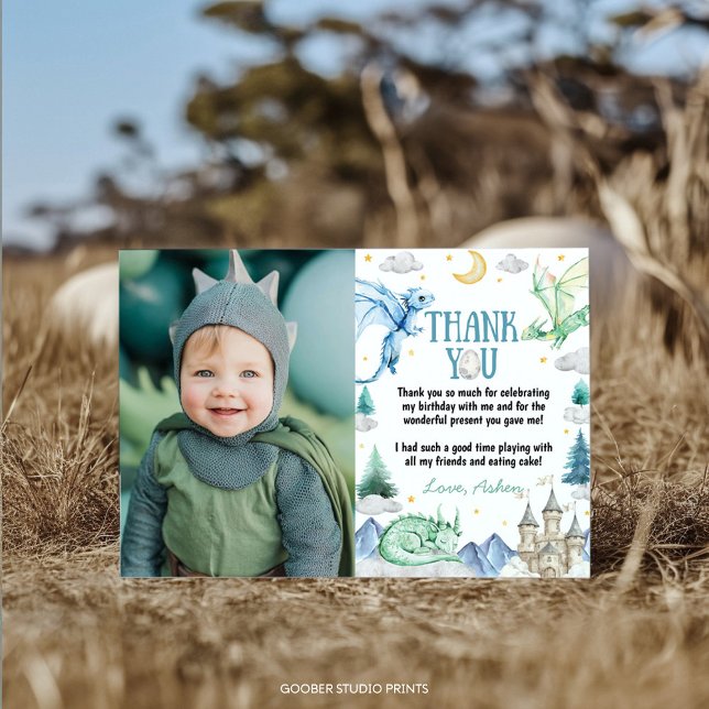 Dragon Cute Boy Birthday Watercolor Thank You Card (Creator Uploaded)