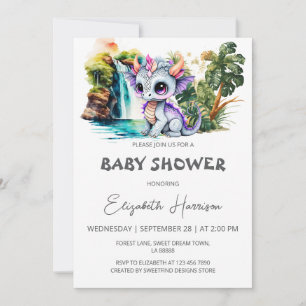 Dragon Cute Watercolor Girl Baby Shower Invitation