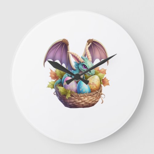 Dragon Easter Day Loves Collecting Easter Eggs Dra Large Clock