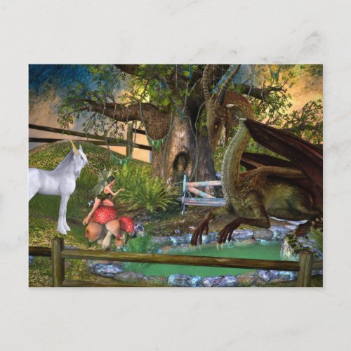 Dragon Elf Fairy Unicorn Fantasy Landscape Postcard