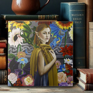 Dragon Elf Maiden Enchanted Flower Garden Fantasy Ceramic Tile