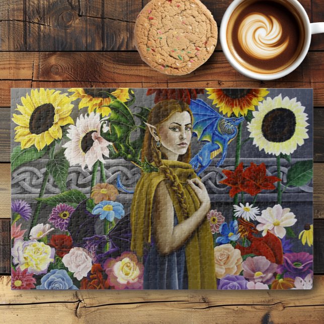 Dragon Elf Maiden Enchanted Flower Garden Fantasy Jigsaw Puzzle (Creator Uploaded)