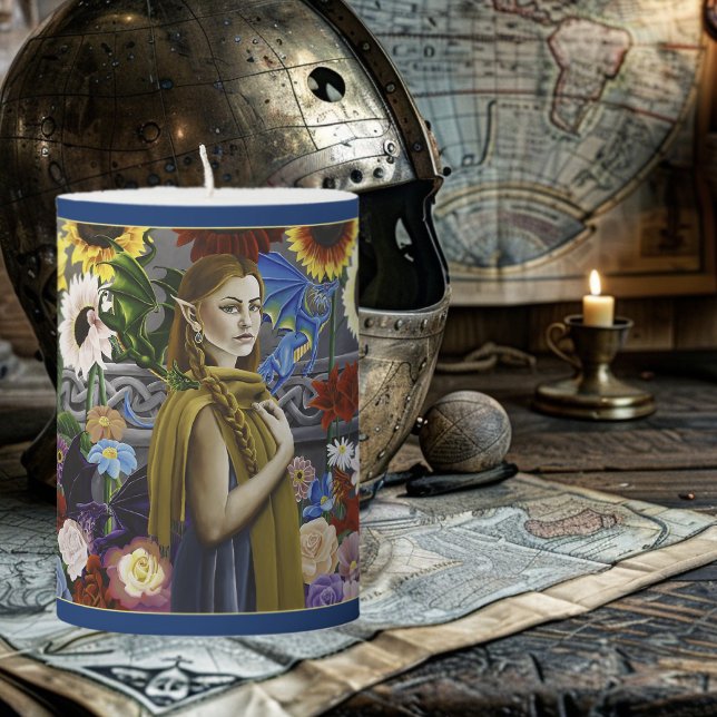 Dragon Elf Maiden Enchanted Flower Garden Fantasy Pillar Candle (Creator Uploaded)