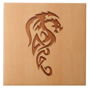 Dragon engraved on wood effect ceramic tile