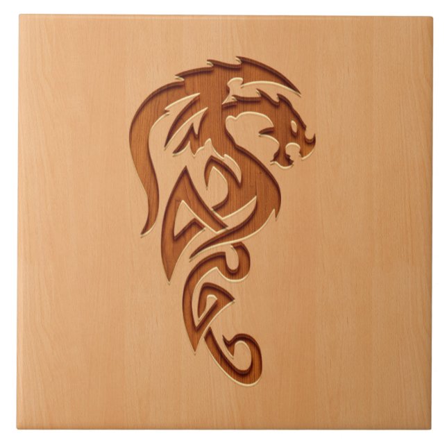 Dragon engraved on wood effect ceramic tile (Front)