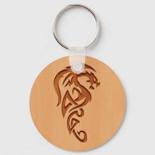 Dragon engraved on wood effect keychain