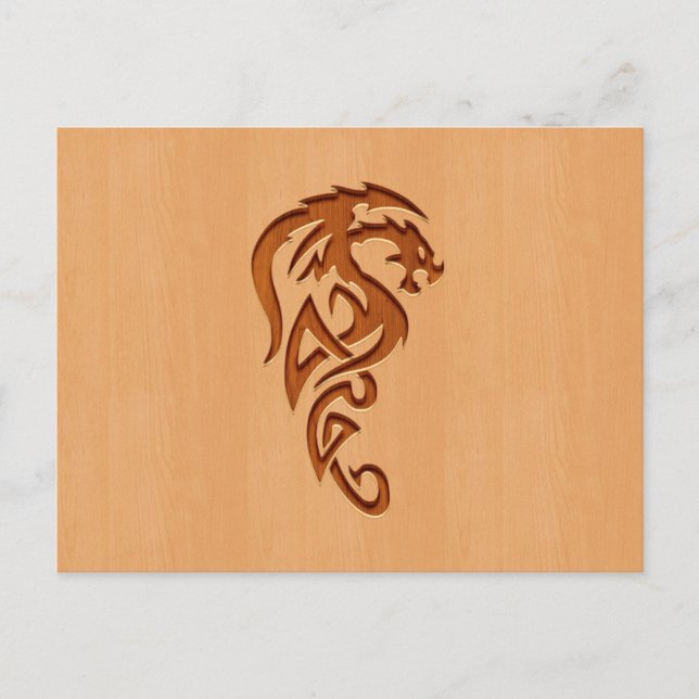Dragon engraved on wood effect postcard (Front)