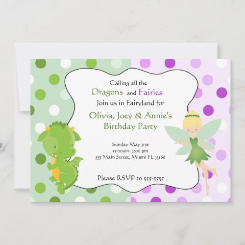 Dragon Fairy Purple Green Birthday Invite