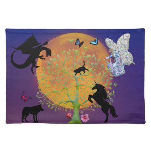 Dragon Fairy Unicorn Fantasy Tree and Full Moon Cloth Placemat