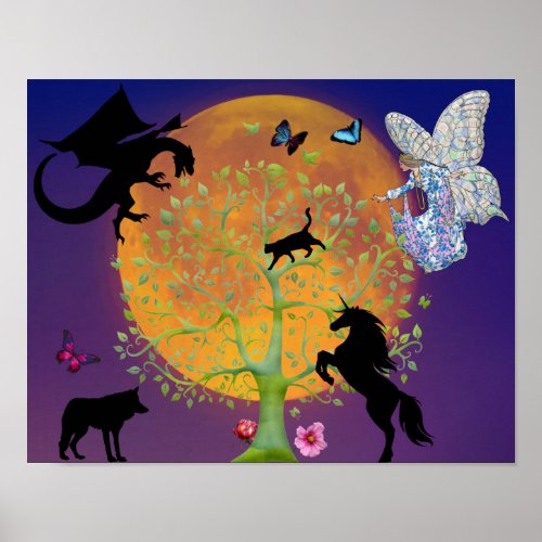 Dragon Fairy Unicorn Fantasy Tree and Full Moon  Poster