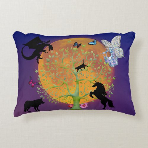 Dragon Fairy Unicorn Fantasy Tree and Full Moon  T Accent Pillow