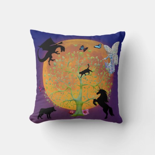 Dragon Fairy Unicorn Fantasy Tree and Full Moon  Throw Pillow