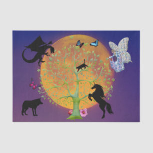 Dragon Fairy Unicorn Fantasy Tree and Full Moon Tissue Paper