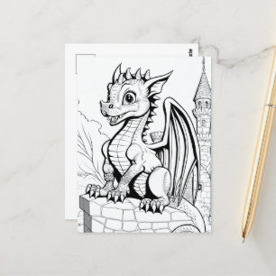 Dragon Fantasy Black and White Coloring Book Style Postcard