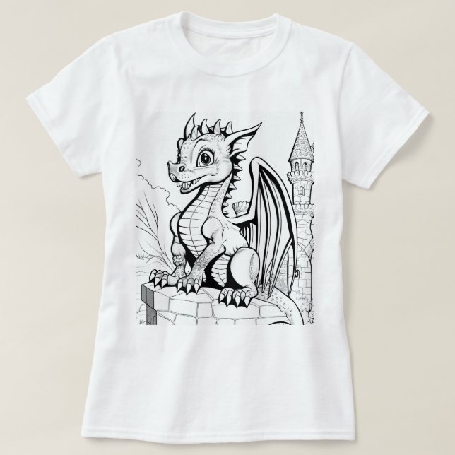 Dragon Fantasy Black and White Coloring Book Style T-Shirt (Design Front)