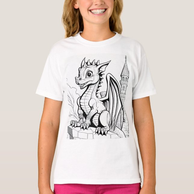 Dragon Fantasy Black and White Coloring Book Style T-Shirt (Front)