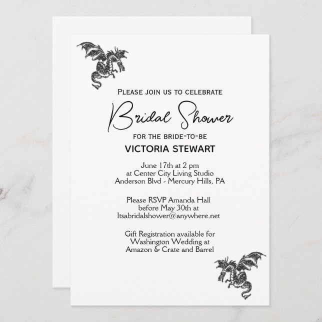  Dragon Fantasy White Bridal Shower  Invitation (Front/Back)
