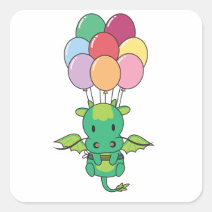 Dragon Flies Up With Colorful Balloons Square Sticker