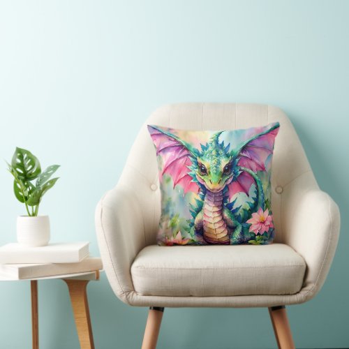 Dragon Floral Pink and Green Watercolor Throw Pillow