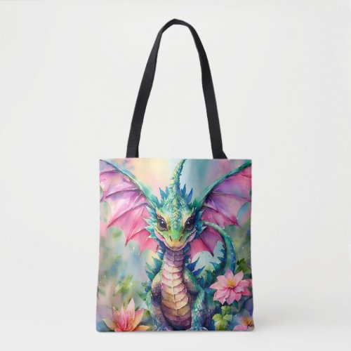 Dragon Floral Pink and Green Watercolor Tote Bag