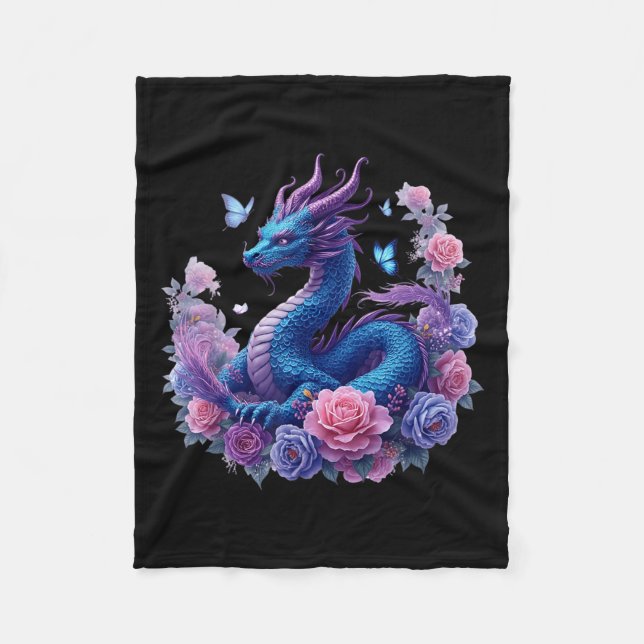 Dragon Flowers Beautiful Art Colorful Graphic  Fleece Blanket (Front)