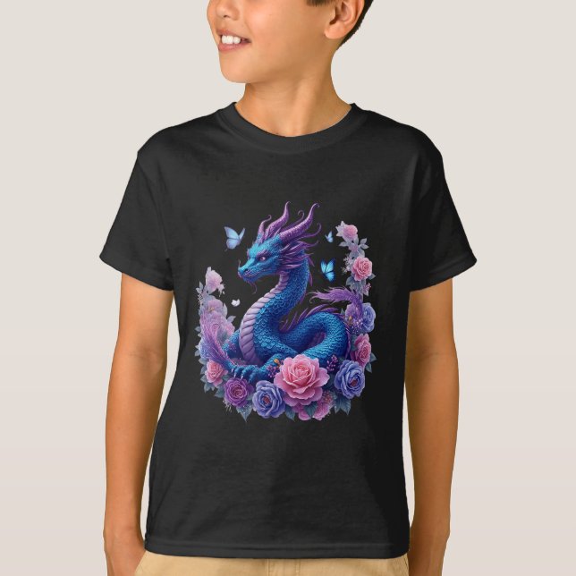Dragon Flowers Beautiful Art Colorful Graphic  T-Shirt (Front)