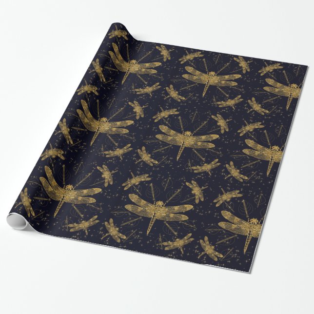 Dragon fly dark ornamental pattern wrapping paper (Unrolled)