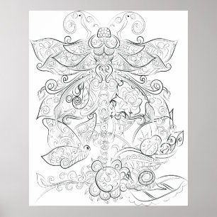 Dragon fly drawing adult colouring poster