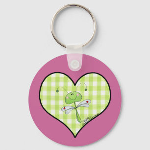 Dragon Fly in green gingham heart Keychain
